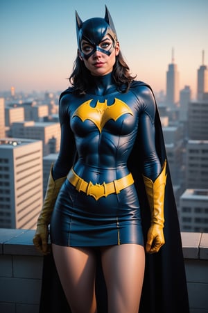 score_9, score_8_up, score_7_up, batgirl, beatiful face, eyelashes, pink_lips, skinny body, 20yo, batman mask, mini_skirt, [black|yellow]_cape. dc, rooftop, city night ciy background. superhero aesthetic, short black hair, cowboy shot. fit torso, skinny torso, large hip.