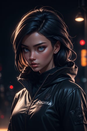 girl 20 years old,party background, unsaturated background, bokeh,dark theme,calm, tones, muted colors, high contrast,(adjusting hair),(natural skin texture, hyperrealism, soft light, sharpness),high detail,urban techwear, neonnightKA,orcaeffectKA