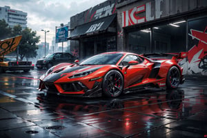 (digital artwork), hypercar, wide body kit, modified car, raining(detailed:1.2), (detailed background), graffiti wall