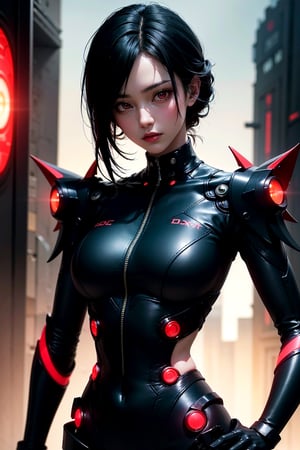 masterpiece,  red eyes,  light (red light:1.3),  1girl,  beautiful face,  skindentation,  detailed black hair,  pixie hair,  glowing light,  futuristic, mecha bodysuit,  upper body,  skinny waist,  large hip, cyberpunk background