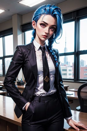 jinx, girl, office clothes, full face, looking at the viewer, blue hair braided, stands flat, pink eyes, two-piece suit, black jacket, white shirt, tie