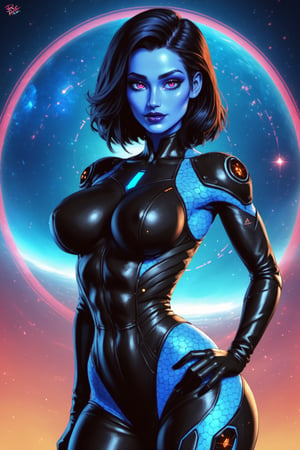 score_9, score_8_up, score_7_up, score_6_up, score_5_up, beautiful alien girl, blue skin, short dark hair, Large breasts, narrow waist, huge hip, curvy hip. cinematic pose, spaceship background. Futuristic aesthetic bodysuit, glowing_veins, vibrant colors, hdr, 8k. looking_at_viewer, cowboy_shot 