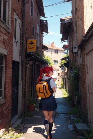 (Masterpiece, Best Quality, Highres :1.2), volumetric lighting, moody lighting, fine detail, perfect face, 1Girl,us,blue eyes, low twintails, red hair, small breasts, (school uniform), white button shirt, red scarf, from behind, walking away, looking back, backpack, street, bushes, pov, smiling, blushing, embarrased, narrow alleyway, overgrown