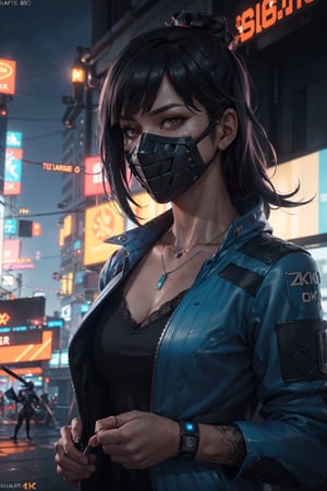 (octane render, best quality, sharp focus, 8k, 4k:1.3), Masterpiece, Best Quality, (skin texture, realistic skin, extremely detailed, intricate, hyper detailed), portrait, sharp detailed, beautiful woman, athletic body, random black hair, blunt bangs, ((sub zero mask)), (lace, cyberpunk jacket), silver necklace, cyberpunk city at night, (solo)