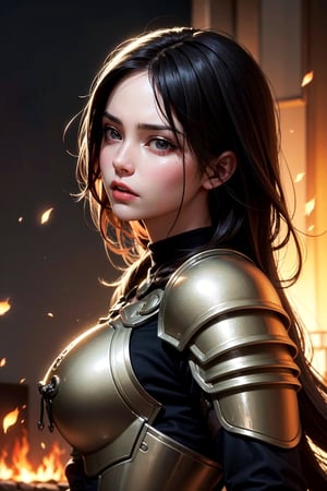 1girl, beautiful girl as a warrior, model shoot style, extremely detailed 8k wallpaper, ultra Detail, Sharp focus, angry face, photorealistic, shiny Armor, (vintage effect:0.5), battle ground, ancient Roman street, dusty, fire spatks