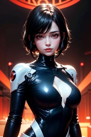 masterpiece,  red eyes,  light (red light:1.3),  1girl,  beautiful face,  skindentation,  detailed black hair,  pixie hair,  glowing light,  futuristic, mecha bodysuit,  upper body,  skinny waist,  large hip, cybercity background 