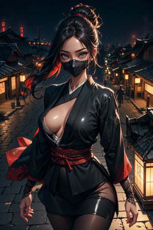 1girl, mature female, ninja, black suit, shinobi, mask, fishnets_pantyhose. Ancient Japanese town, lantern glow, rooftop.

masterpiece, best quality, ultra highres, depth of field. detailed eyes , detailed background. intricate, comprehensive cinematic, magical, gradient lights, colorful, detailed landscape. shiny skin, skindentation.