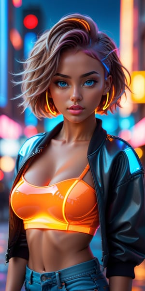 masterpiece, ultra resolution, 
1girl, solo, perfect body, lava hair, short hairstyle, light blue eyes, (tan skin, full lip, hair highlights:1.2), large_breast, midriff, | (neon hair:1.2), cropped_jacket, crop_top, denim, futuristic city lights, buildings, urban scenery, neon lights | bokeh, depth of field,