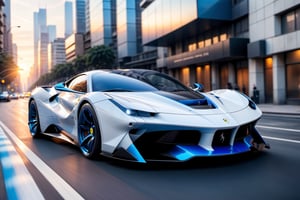 A futuristic hi-tech Super Car inspired by Ferrari, Cyberpunk-inspired Super Car, Blue and White, (Black wheels),
on the road in city area background, at sunset time, front view, symmetrical, 