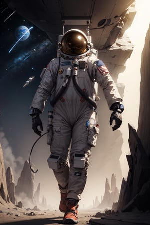 An adventurous human character wearing an advanced space exploration suit, exploring uncharted planets, alien planet, walking