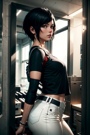 cowboy shot of faith connors, short hair, black hair, black top, white pant, one strap backpack, mirror's edge, cinematic background