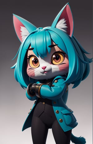 a 3d render of a game character, a cute small (chibi:0.8) anthropomorphic cat, crown, teal, fluffy, cg, colonial suit, unity render, cat eyes, large eyes, blender, octane render, hyper detail, hyper focus, simple background, gradient background, high performance, high poly count, extreme quality, uhd, 8k, aaa, (neon highlights), steampunk