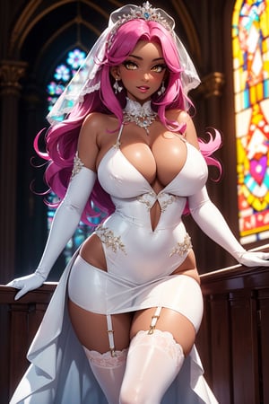 (masterpiece, highres, best quality:1.3), highly detailed, intricate, vibrant image, sharp focus, 
Ingrid, solo, mature female, (dark skinned female:1.15), church background, sunny, looking at viewer, (happy, blush:1.1), (full body shot:1.1),
pink hair, very long hair, forehead, hair intakes, (purple:0.9) lipstick, black eyeshadow, makeup, (mole under mouth:0.8), (yellow eyes:1.05), perfect eyes, perfect face, detailed face,
wedding dress, bridal veil, bridal gauntlets, bridal garter, bridal legwear, high heels, white elbos gloves,
hyperdetailed areolae, large breasts, (covered breasts:1.05), (areola slip:1.2), curvy