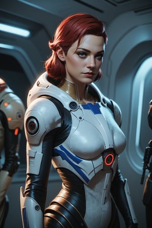 score_9, score_8_up, score_7_up, 1girl, young woman, beautiful face, cowboy shot of commander shepherd, weapon on back. medium Breast, red hair. mass effect, futuristic battle suit.