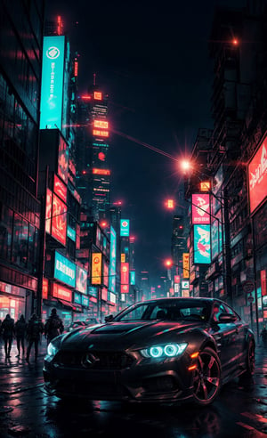 Create the hyperrealistic image of a futuristic car that flies over an immense cybercity at night. The vehicle's headlights produce flares and halos in the camera lens, (cyberpunk style, perfect lighting, shadows, sharp focus, 8k high definition, insanely detailed, masterpiece, hiper-realistic, highest quality, intricate details),Cyberpunk, Detailed, Realism,IMGFIX,cyberpunk style,cyberpunk,insane details ,high details,more detail XL,More Detail,ff8bg,Add more detail,Lens flare,no humans,mysticlightKA