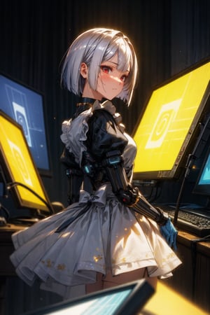((medium hair ,white Bob Hair:1.2)),(a bit forehead, ),center part,((full shot)),red eyes , {maid}, {long maid dress},puff sleeves、Forehead、A glimpse of my forehead, No expression , (((cold look,hair intakes,No expression))),long sleeve maid attire,

code using a computer、create amazing games, Neon lights and holographic projections illuminate the room. game design document. The colors of the scene are vivid and vivid, A combination of neon and pastel tones. Lighting is dynamic, Highlighting the glow from computer screens and holographic projections. Overall image must be of the highest quality, Ultra-detailed elements and realistic, Photorealistic style.no exposure、(masterpiece、highest quality、highest quality、Official Art、Beautiful and aesthetic:1.2)、(One Girl:1.3)、(Fractal Art:1.3)、From the side、cyber punk、Cyberspace、Operating a computer、Looking at the display、performer、center parted bangs(masterpiece, best quality), masterpiece, super fine illustration, best quality, light particles, ,