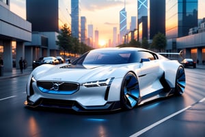 A futuristic hi-tech Super Car inspired by volvo, Cyberpunk-inspired Super Car, Blue and White, (Black wheels),
on the road in city area background, at sunset time, front view, symmetrical, 