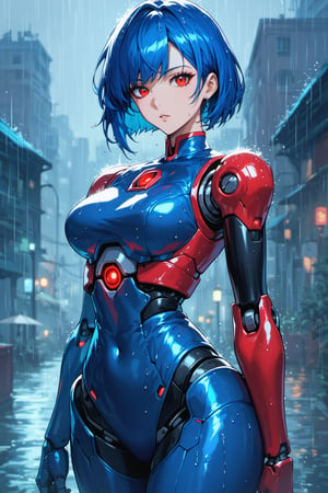 score_9, score_8_up, score_7_up, robot, looking at viewer, short hair, bangs, red eyes, blue hair, thin waist, huge hip, depth of field, glowing, rain, android, cyborg, robot joints,