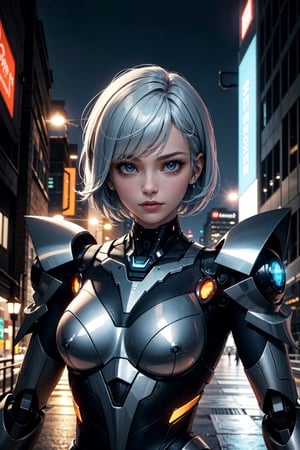 (masterpiece, best quality, ultra detailed), futuristic, science fiction, scenery,  1girl, short hair, asymmetrical_hair, upper body, multiple color hair, mecha Armor, sci-fi bodysuits, cybernetic, cyber City, night time, crime scene