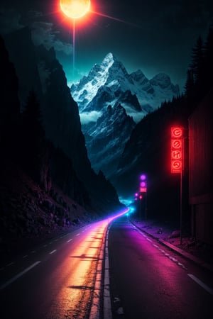 road,  purple neon lights, sun, mountain, 
(masterpiece,detailed,highres)
