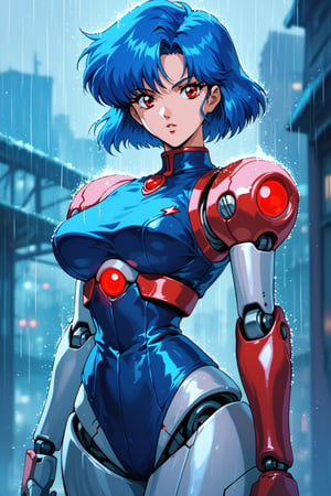 score_9, score_8_up, score_7_up, robot, looking at viewer, short hair, bangs, red eyes, blue hair, thin waist, huge hip, depth of field, glowing, rain, android, cyborg, robot joints, retro 