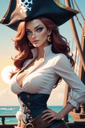 score_9, score_8_up, score_7_up, score_6_up, score_5_up, score_4_up, fully clothed, female pirate, pirate hat, solo, narrow waist, sun, summer, blue eyes, beauty, symmetrical face, highly detailed, smooth, sharp focus, 8k, sharp details