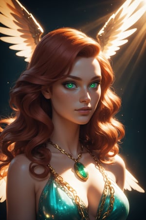 score_9, score_8_up, score_7_up, score_6_up, score_5_up, score_4_up, portrait of a young woman, fantasy-like, ethereal quality. vibrant colors, shoulder-length auburn hair, wavy hair, glowing in a subtle backlight, halo on her. soft freckles, striking green eyes, wide and expressive eyes, highlighted by light makeup, winged eyeliner. Looking slightly upwards, air of wistful contemplation. delicate golden chain around her neck, emerald pendant. warm and soft Lighting, afternoon sun rays, lens flare effect, mystical atmosphere. elegant attire, casual top. serene beauty, upper body, magical realism, castle