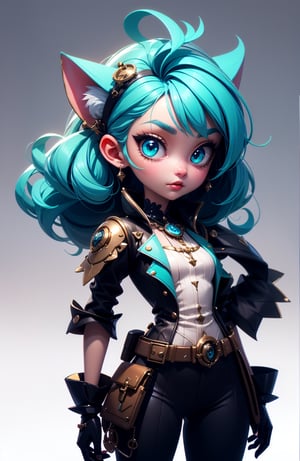 3d render of a game character, cat, cute small cat, (chibi:0.6) anthropomorphic cat, crown, teal, fluffy, cg, colonial suit, unity render, cat eyes, large eyes, blender, octane render, hyper detail, hyper focus, simple background, gradient background, high performance, high poly count, extreme quality, uhd, 8k, aaa, (neon highlights), steampunk