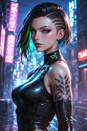 score_9, score_8_up, score_7_up,score_6_up, high resolution, BREAK 1girl, solo, game character, two-tone hair, short hair, neon hair, green eyes, black hair, hair slicked back, battle suit arm tattoo, glowing, half closed eyes looking at viewer, neon lights, city, light particles, night, small jawline,