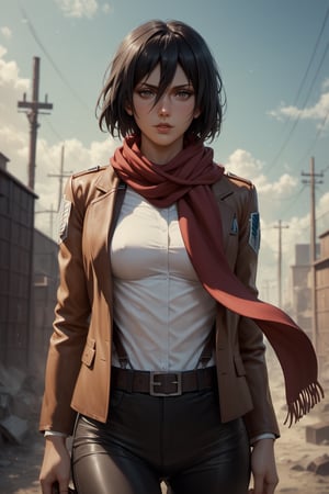 score_9, score_8_up, score_7_up, 1girl, young woman, mikasa ackerman, mature woman, medium hair, red scarf, adjusting scarf, shingeki no kyojin, detailed eyes. apocalyptic background,Cowboy shot 