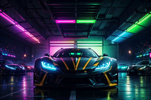 (digital artwork), Super car, wide body kit, modified car, racing livery, rainingmasterpiece, best quality, realistic, ultra highres, depth of field,(full dual colour neon lights:1.2), (hard dual colour lighting:1.4), (detailed background), (masterpiece:1.2), (ultra detailed), (best quality), intricate, comprehensive cinematic, magical photography, (gradients), colorful, detailed landscape, visual key,