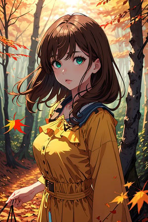 (best quality, masterpiece), 1girl, looking at viewer, blurry background, blue ans Green eyes, inner Iris Green, outer Iris blue, upper body, contemporary, yellow Dress, light Brown Hair, autumn forest with falling leaves in the Background, 