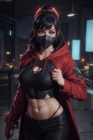 (octane render, best quality, sharp focus, 8k, 4k:1.3), Masterpiece, Best Quality, (skin texture, realistic skin, extremely detailed, intricate, hyper detailed), portrait, sharp detailed, beautiful woman, athletic body, random black hair, blunt bangs, ((sub zero mask, futuristic warrior girl)), (futuristic clothes, red hoodie long coat), (red hoodie, hoodie on head), (open coat, white croptop:1.2), black pants, apocalypse forest at night, (solo)