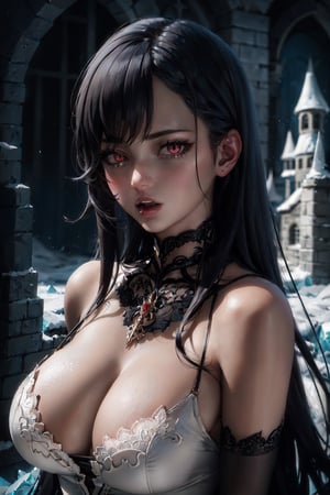 (masterpiece), (best quality), (HDR), intricate detail, 
1girl, bare_shoulders, pale skin, large breasts, black hair, long_hair, (sharp eyes, red_eyes, detailed eyes:1.2), vampire dress, lace trim, portrait, upper body, bloom effect, ice castle background,