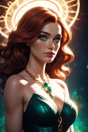 score_9, score_8_up, score_7_up, score_6_up, score_5_up, score_4_up, portrait of a young woman, fantasy-like, ethereal quality. vibrant colors, shoulder-length auburn hair, wavy hair, glowing in a subtle backlight, halo on her. soft freckles, striking green eyes, wide and expressive eyes, highlighted by light makeup, winged eyeliner. Looking slightly upwards, air of wistful contemplation. delicate golden chain around her neck, emerald pendant. warm and soft Lighting, afternoon sun rays, lens flare effect, mystical atmosphere. elegant attire, casual top. serene beauty, upper body, magical realism