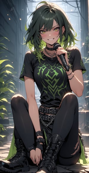 Masterpiece,best quality, absurdres, 1girl, 18yo, Cute face, Akali, league_of_legends, chromatic dress, black band t-shirt, combat boots, studded belt with chain, microphone