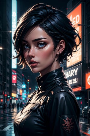 girl 20 years old, big eyes, eyelashes, detailed face, short hair, black hair, asymmetric_bangs, asymmetrical_face, dark theme,calm, tones, muted colors, high contrast, ((pink/red skin:0.5)),(adjusting hair),(natural skin texture, hyperrealism, soft light, billboards, City streets, sharpness), neonnightKA, orcaeffectKA, Add more detail