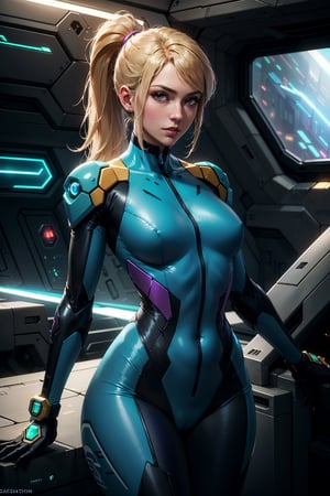 (masterpiece, best quality, high resolution, vibrant colours),
cowboy shot of samus aran, ponytail, metroid, mature woman, blue suit, skin-tight, mecha bodysuit, subsurface scattering, spaceship background