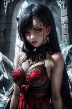 (masterpiece), (best quality), (HDR), intricate detail, 
1girl, bare_shoulders, pale skin, black hair, long_hair, (sharp eyes, red_eyes, detailed eyes:1.2), vampire dress, lace trim, portrait, upper body, bloom effect, ice castle background,