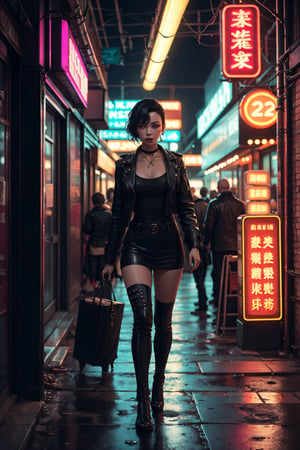 an image of a woman in black leather near a neon sign, in the style of cyberpunk manga, ruslan lobanov, detailed costumes, 32k uhd, zeng chuangxing, daniel f. gerhartz, calculated