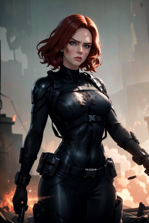 (8k, RAW photo, best quality, masterpiece:1.2), perfect eyes, perfect face, perfect lighting, beautiful, (masterpiece:1.2), (best quality:1.2), 1woman, black widow, black bodysuit, combat outfit, mature, flat shaded style animation, solo, serious face, redhead, short hair, wavy hair, , blue eyes, extremely dirty face, post apocalyptic background,