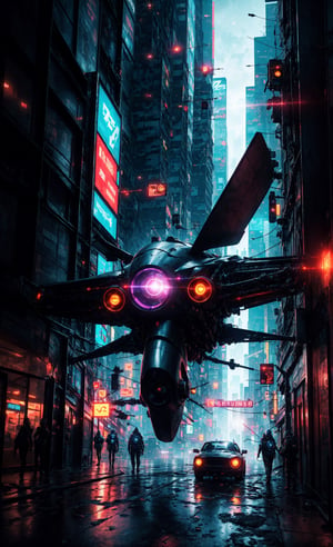 Create the hyperrealistic image of a futuristic car that flies over an immense cybercity at night. The vehicle's headlights produce flares and halos in the camera lens, (cyberpunk style, perfect lighting, shadows, sharp focus, 8k high definition, insanely detailed, masterpiece, hiper-realistic, highest quality, intricate details),Cyberpunk, Detailed, Realism,IMGFIX,cyberpunk style,cyberpunk,insane details ,high details,more detail XL,More Detail,ff8bg,Add more detail,Lens flare,no humans,mysticlightKA