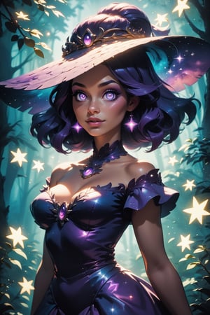 score_9, score_8_up, score_7_up, score_6_up, score_5_up, score_4_up, a girl surrounded by night forest, pretty face, bright purple dress, bright eyes, sparkles, highly detailed, vibrant colors, 8k, upper_body 