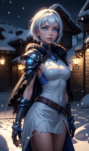 1girl, cowboy shot, wowdk, glowing blue eyes, skull armor, fur trim, pauldrons, torn cape, short white hair, blue fire, snow, ice, night, citadel, athletic, volumetric lighting, best quality, masterpiece, detailed eyes, detailed face, HDR, ultra resolution 