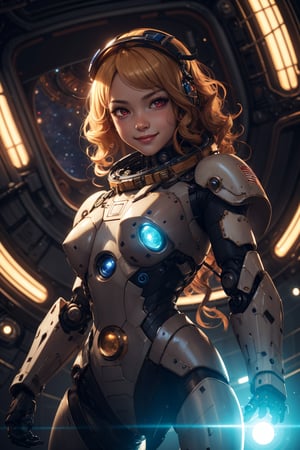 (masterpiece), selfie, centered, Instagram able, steampunk astronaut 1girl, cute smile, red ribbon, long wavy hair, blonde hair, red eyes, steampunk spaceship interior, space background, stray hair, fisheye effect, backlight, dynamic lighting, reflection, depth of field, ultra detailed, intricate, (epic composition, epic proportion), professional work,mecha, mecha musume