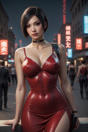 score_9, score_8_up, score_7_up, 1girl, young woman, beautiful face, short hair, Ada wong, cowboy shot, asian women. round breasts, skinny, large hip, pop hip. red dress, spaghetti straps bodycon, long bodycon dress, long skirt, choker, sleeveless, black choker, thigh_holster. looking at viewers. apocalypse city background, detailed background.