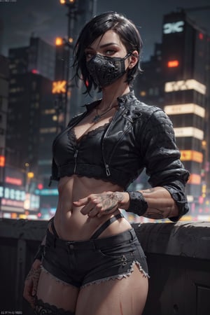 (octane render, best quality, sharp focus, 8k, 4k:1.3), Masterpiece, Best Quality, ((skin texture, realistic skin, extremely detailed, intricate, hyper detailed:1.3)), portrait, sharp detailed, beautiful woman, athletic body, short black hair, colour highlights, bangs((sub zero mask)), ((lace, cropped black jacket, short shorts)), silver necklace, cyberpunk city at night, (solo)