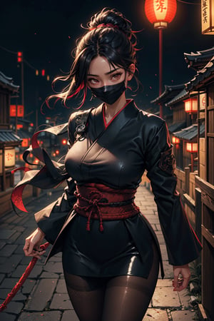 1girl, mature female, ninja, black suit, shinobi, oni_mask, face_mask. fishnets_pantyhose. Ancient Japanese town, lantern glow, rooftop.

masterpiece, best quality, ultra highres, depth of field. detailed background. intricate, comprehensive cinematic, magical, gradient lights, colorful, detailed landscape. shiny skin, skindentation.