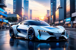 A futuristic hi-tech Super Car inspired by suzuki, Cyberpunk-inspired Super Car, Blue and White, (Black wheels),
on the road in city area background, at sunset time, front view, symmetrical, 