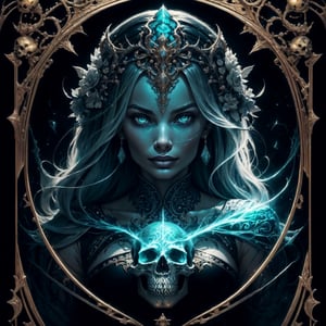 Margot Robbie, malice, skulls, tendrils, dark atmosphere, greyscale, detailed linework, cinematic, psychedelic, black paper with vibrant turqoise line work, ornate, symmetrical, tarot card, highly detailed, ink illustration, style of peter mohrbacher, golden ratio